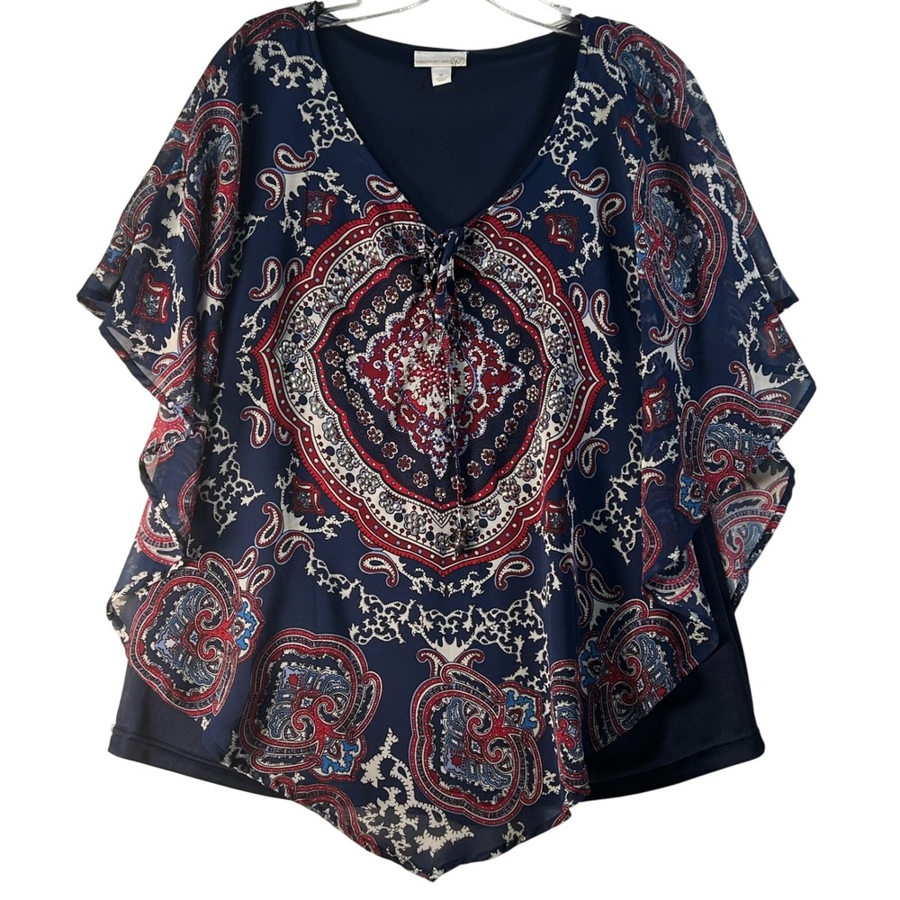 Westport 1962 Navy Paisley Rhinestone Layered‎ Poncho Tank Top XL